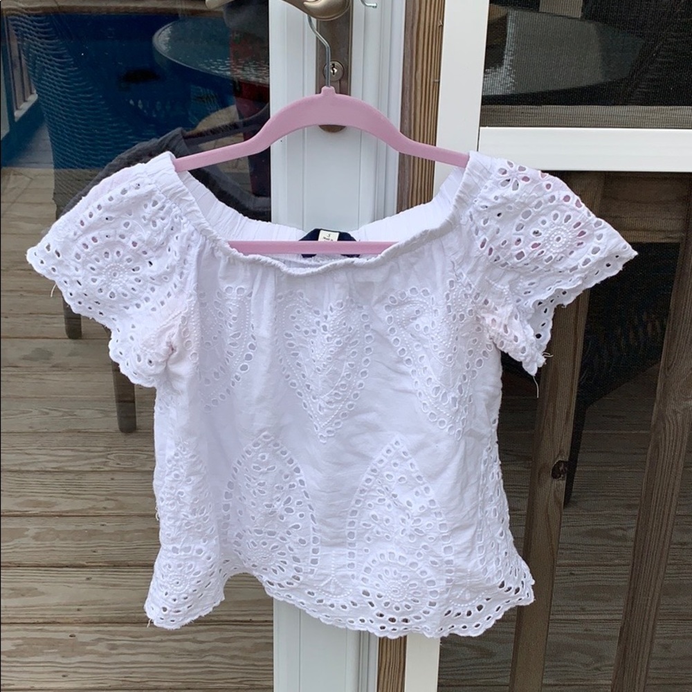 white off the shoulder detailed shirt